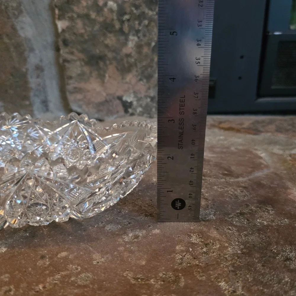 Vintage American Brilliant Style Cut Glass Oval Bowl Starburst Sawtooth Rim 9.5